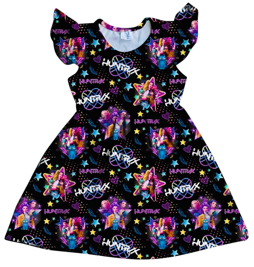 HCK EXCLUSIVE- Black Neon Huntr/x Flutter Sleeve Dress  Hill Country Kids  Clothing