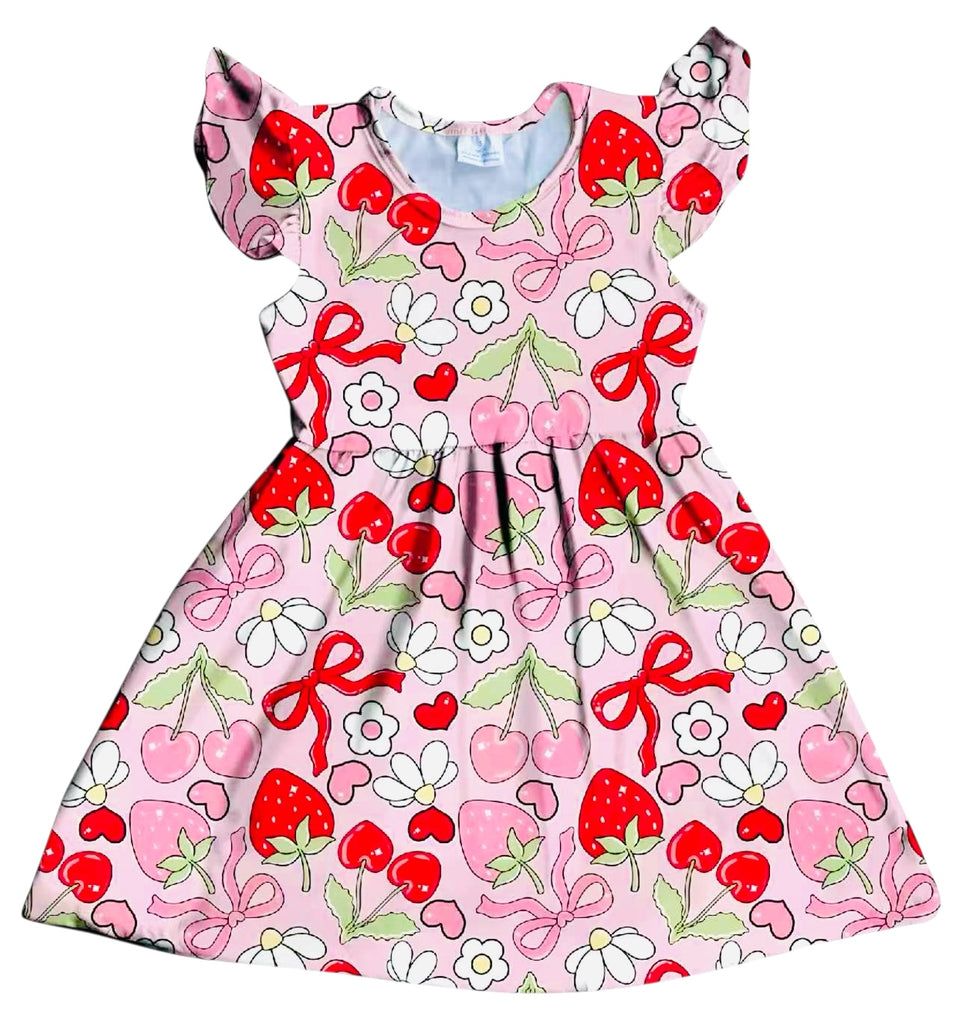 HCK EXCLUSIVE- Cherry & Strawberry Coquette Flutter Sleeve Dress 6X-Large-14/16